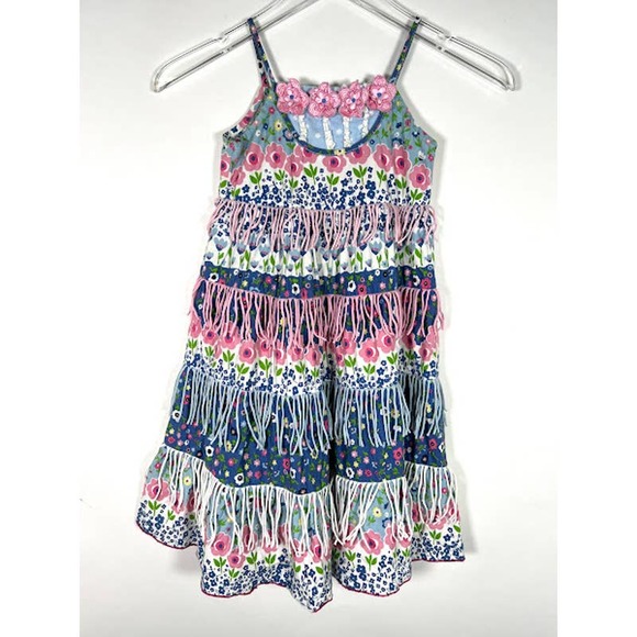 Beetlejuice London Girl's Flower Floral Sundress Sz 6 Tiered Fringe *Read - Picture 1 of 8